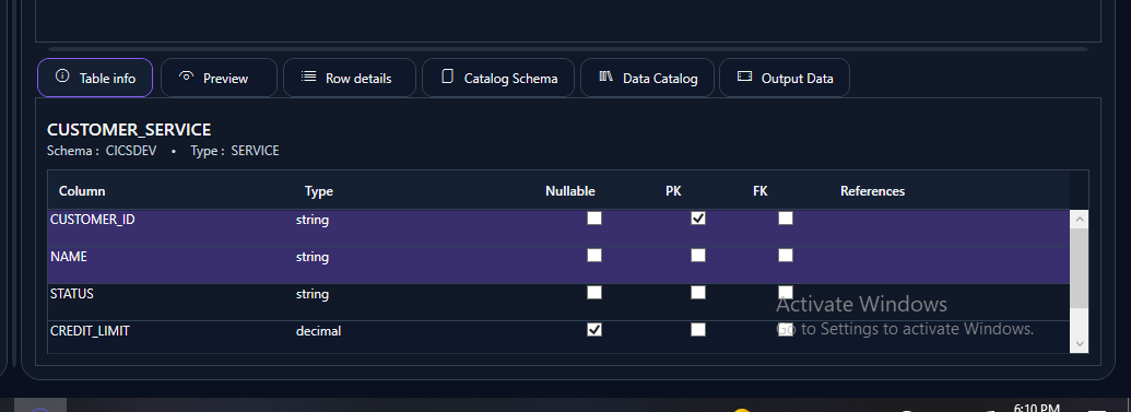 CICS service column metadata