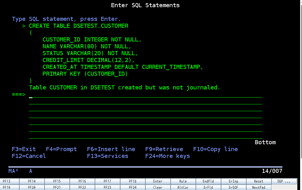Creating the DSETEST.CUSTOMER table on IBM i