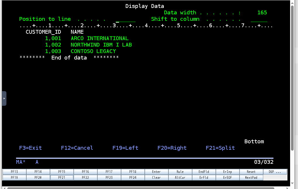 IBM i DSETEST.CUSTOMER sample data
