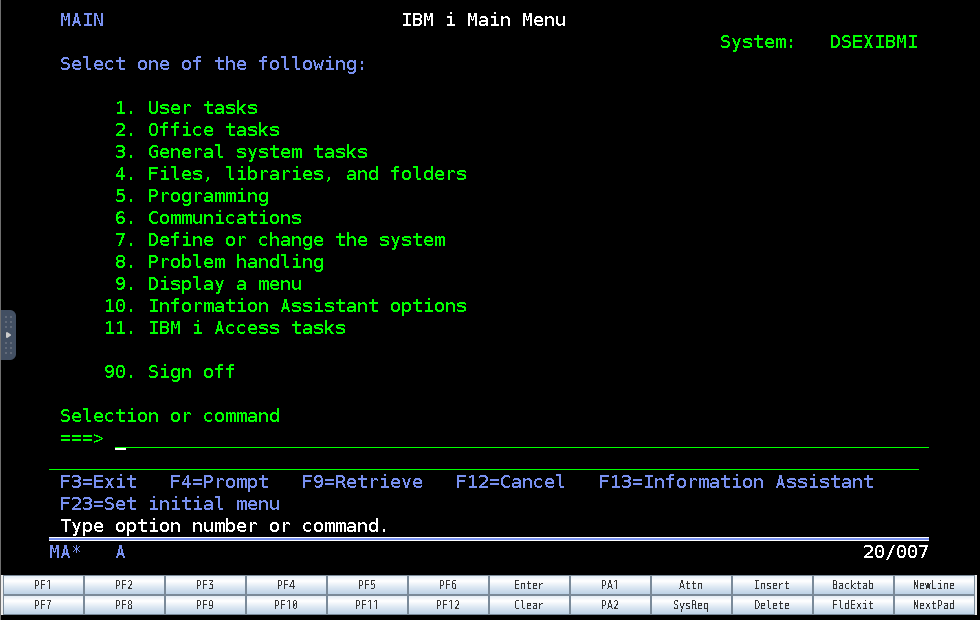IBM i main menu example